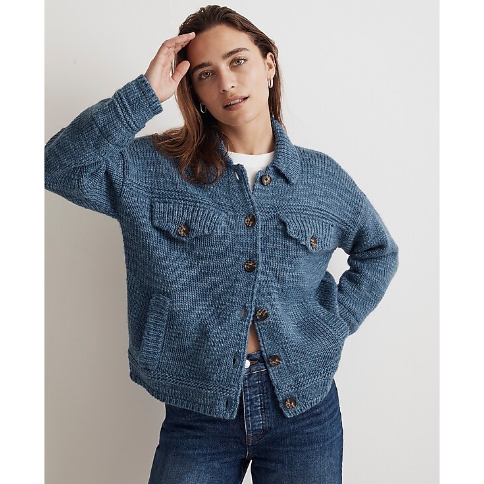 Madewell Textured Sweater Trucker Jacket in Heather Surf Size S