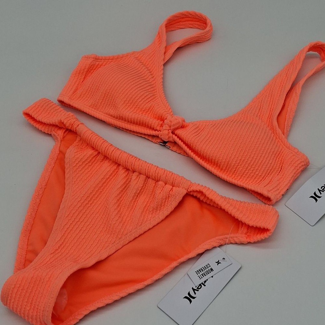 Hurley Bikini Set Juniors L Ribbed Knot Bralette Top Marina Bottom Coral Orange