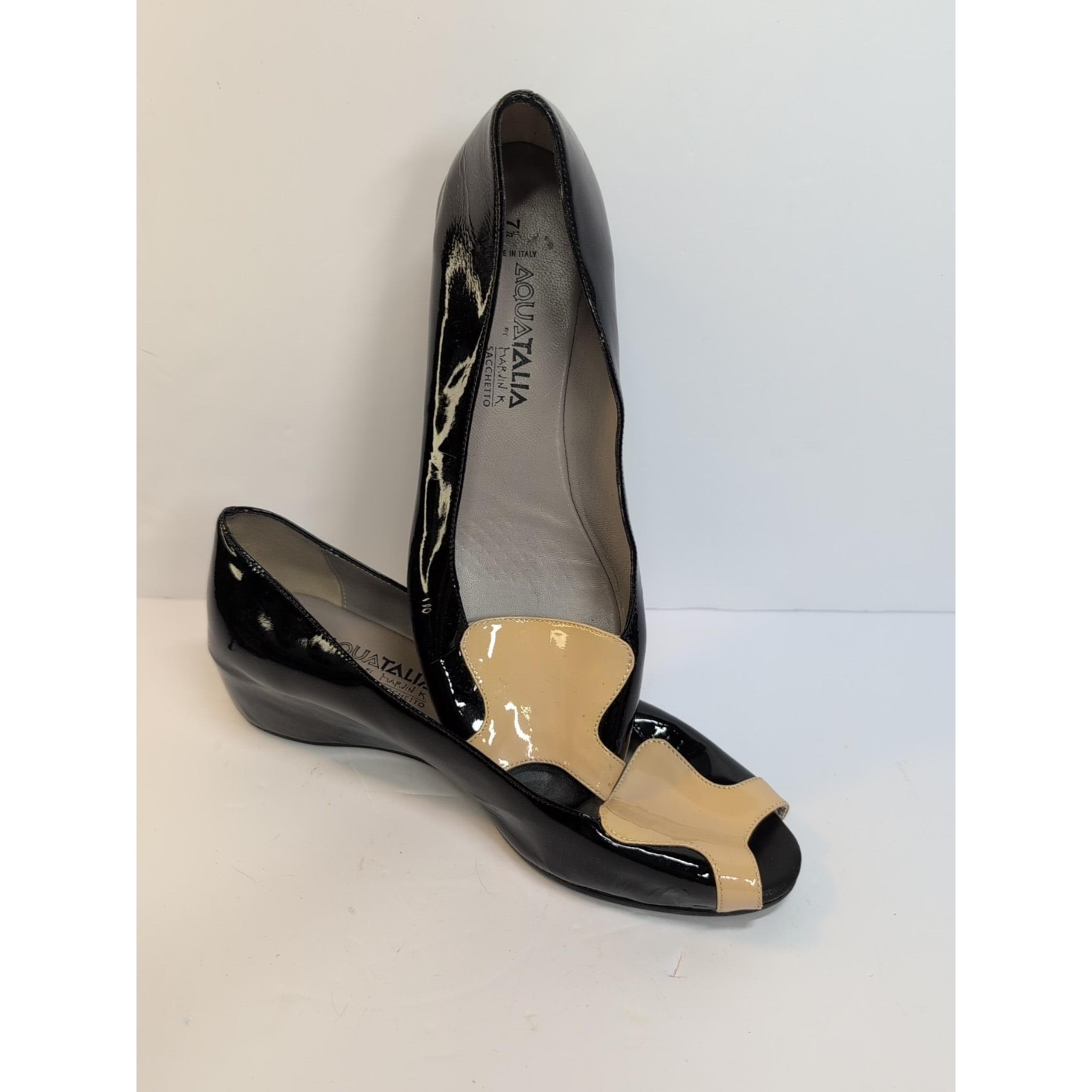 Aquatalia Black Patent Leather Wedge Peep Toe Shoes Women's Size 7.5 Vintage