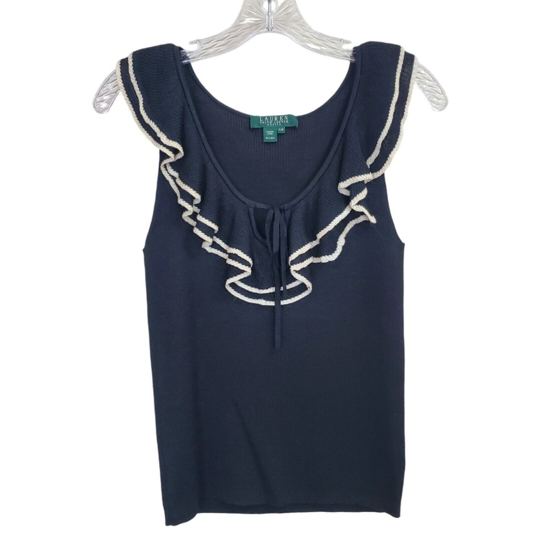 Ralph Lauren LRL Ruffle Sleeveless Sweater Tank Womens Petite Medium Black Cream