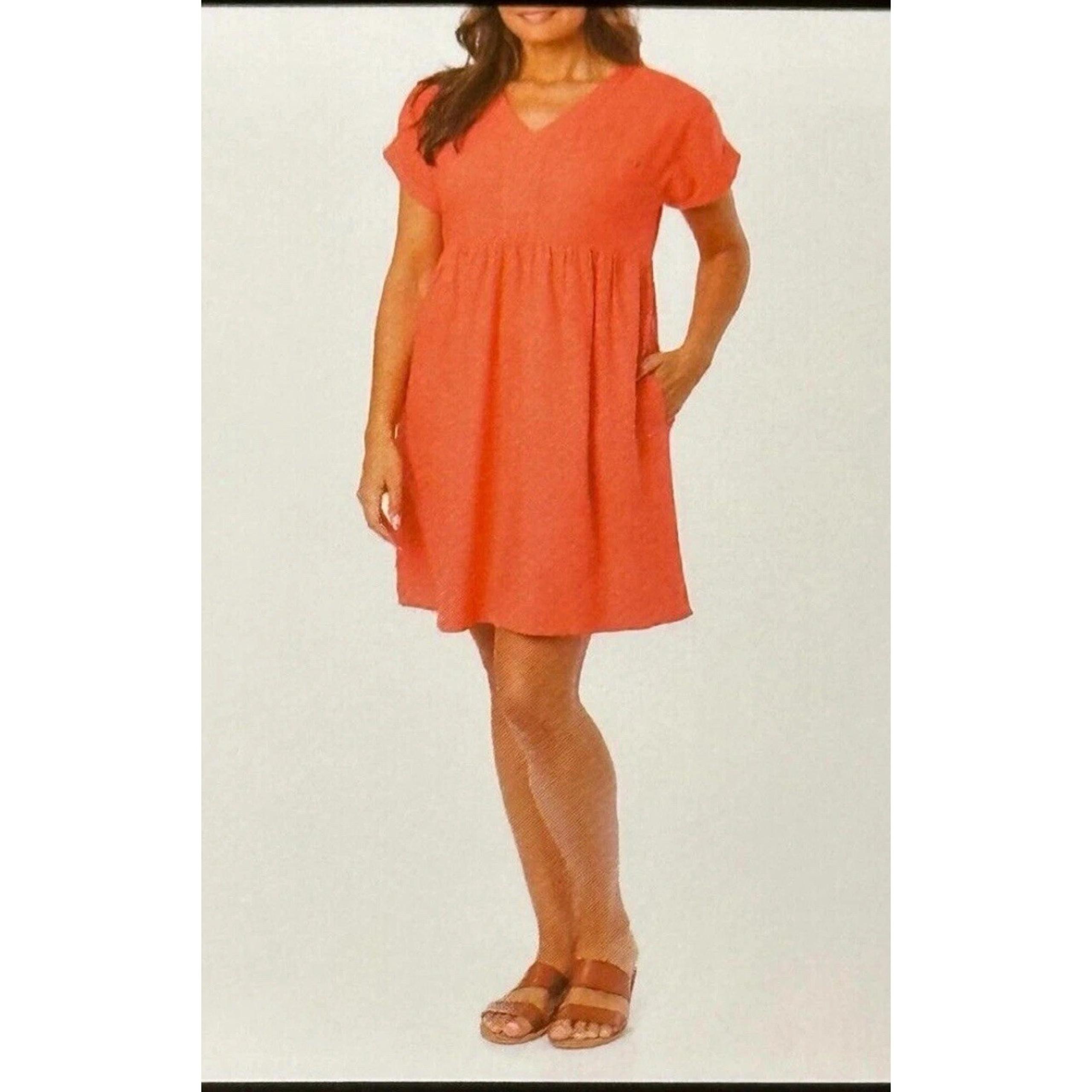 Briggs Ladies' V-neck Linen Blend Dress Coral  Size Large Pockets