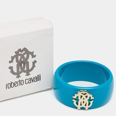 NEW Rare Luxe Authentic ROBERTO CAVALLI Teal Blue Gold Logo Wide Bangle Bracelet