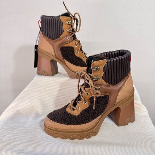 NWT Sorel Womens Faux Fur Trim Chunky Brex Heel Cozy Lace Bootie Brown Size 9.5