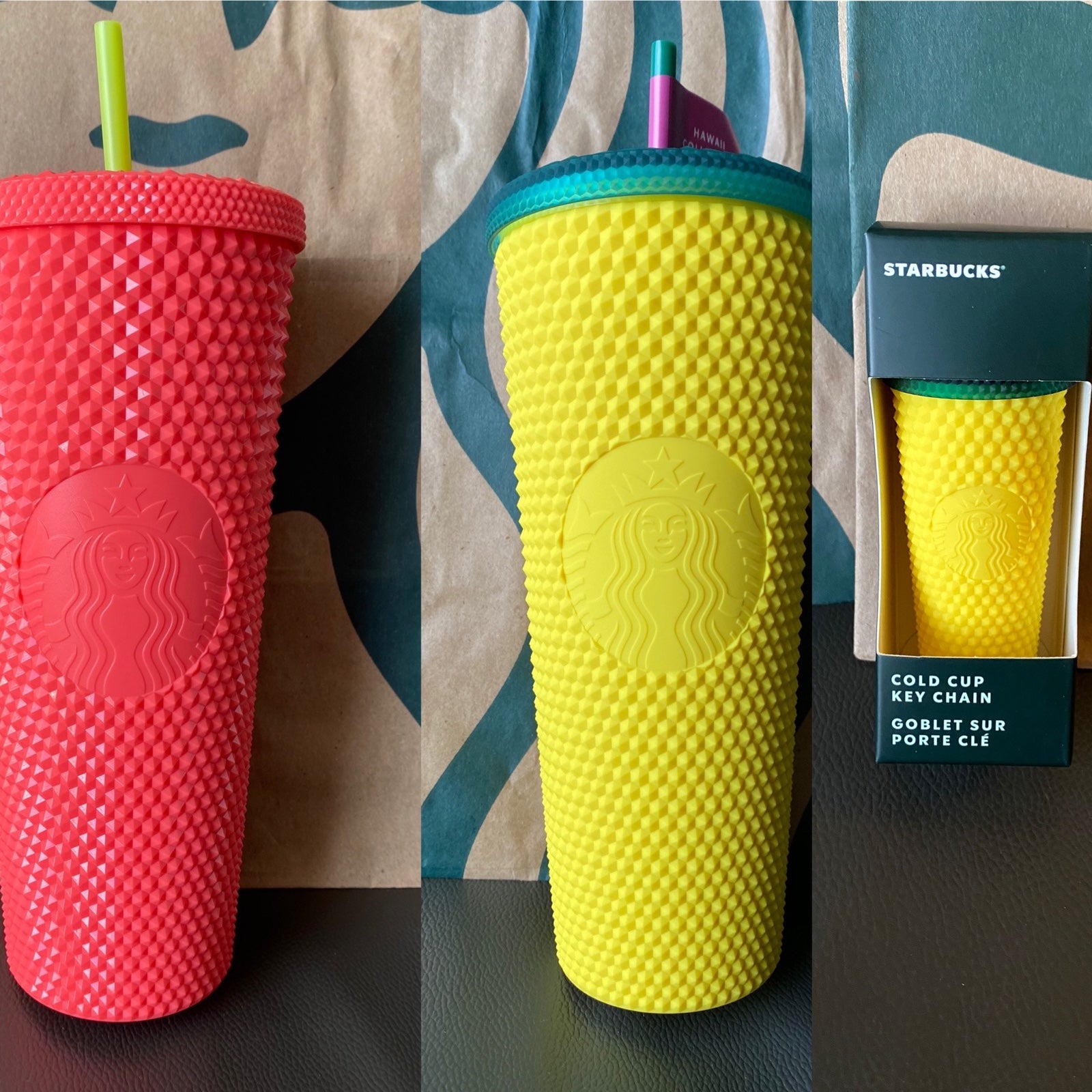 Starbucks Tumbler Dragonfruit Coral Pink & Pineapple Studded & Keychain