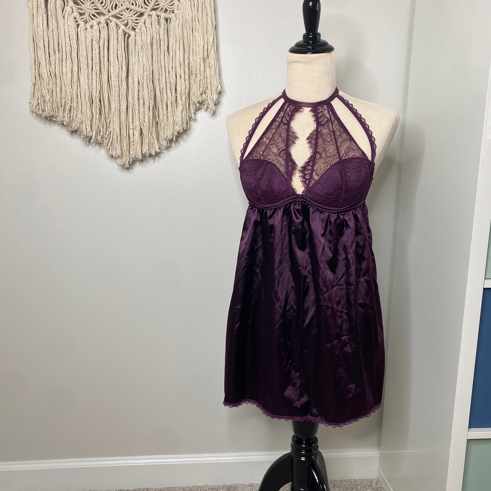 Fredericks of Hollywood High Neck Purple Satin Lace Teddy Nightgown Lingerie Med