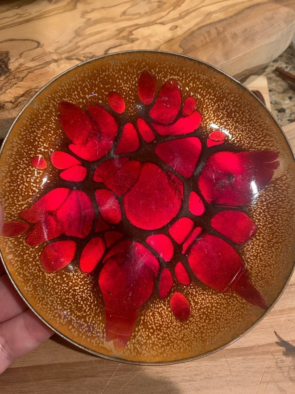 Vintage enamel on copper artist signed bowl NG SF