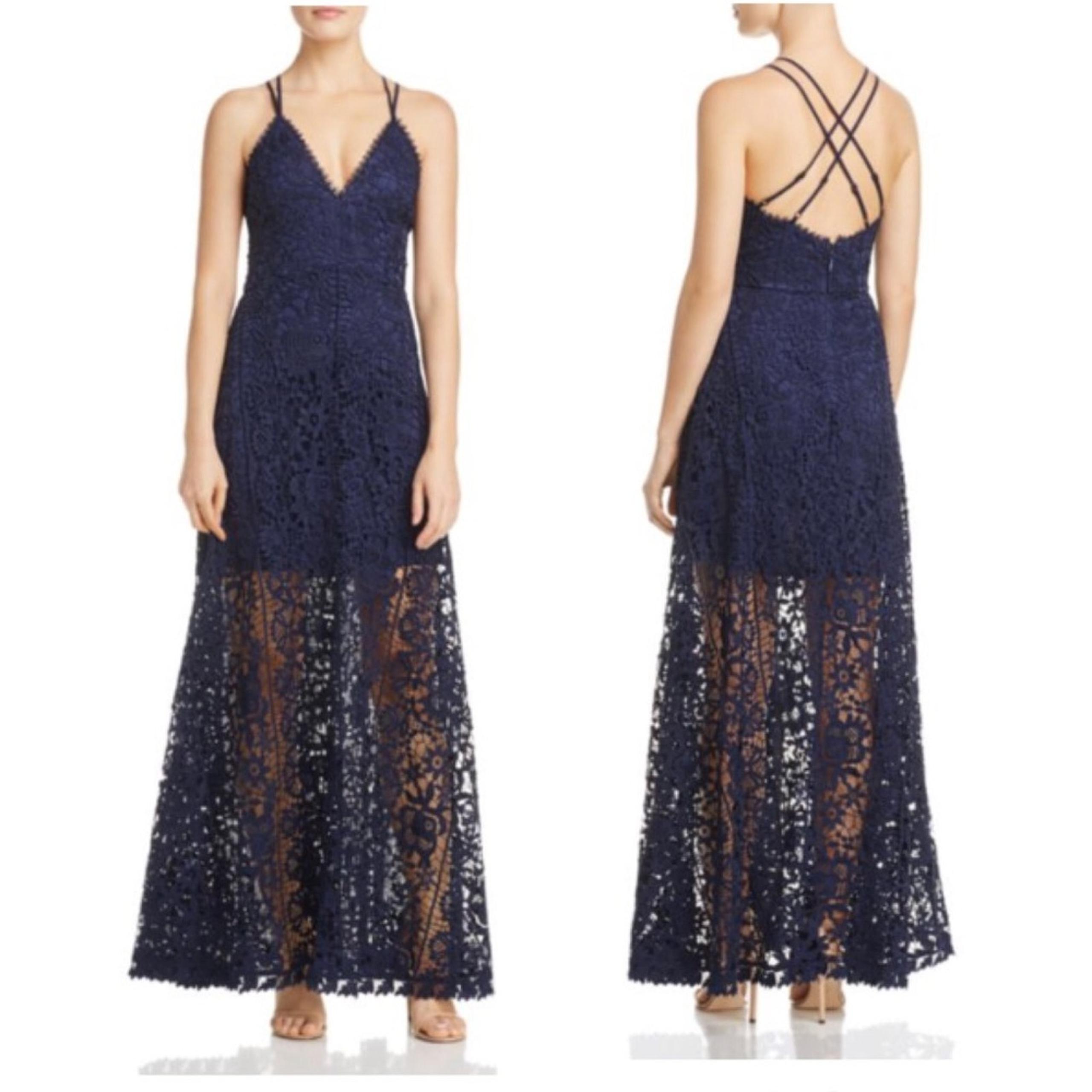 Aqua Navy Lace Sheer High-Low A-Line Maxi Dress Gown Womens XS