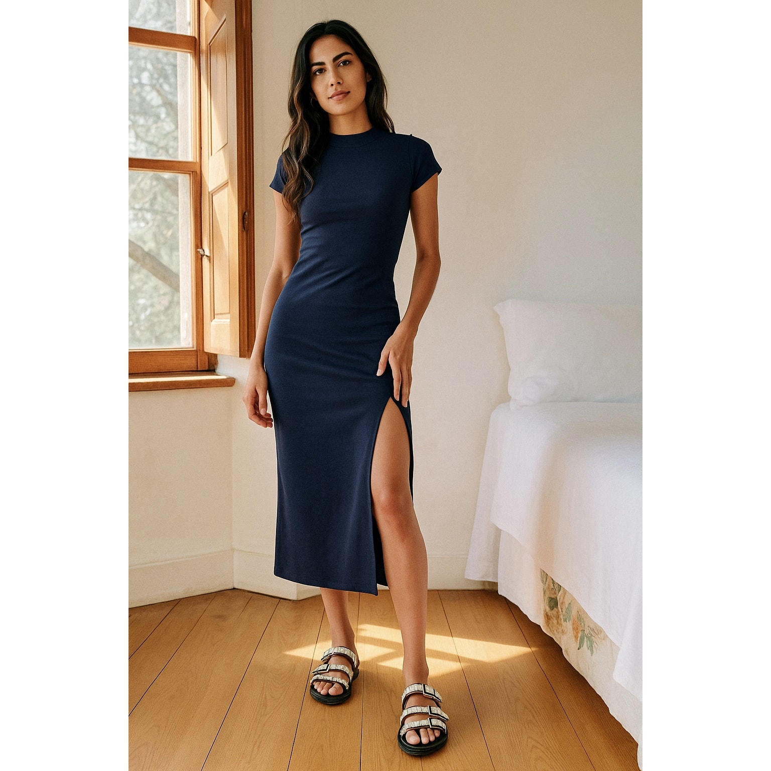 NSF Collins Ribbed Short Sleeve Slit Midi Bodycon Dress in Deep Sea Blue Medium