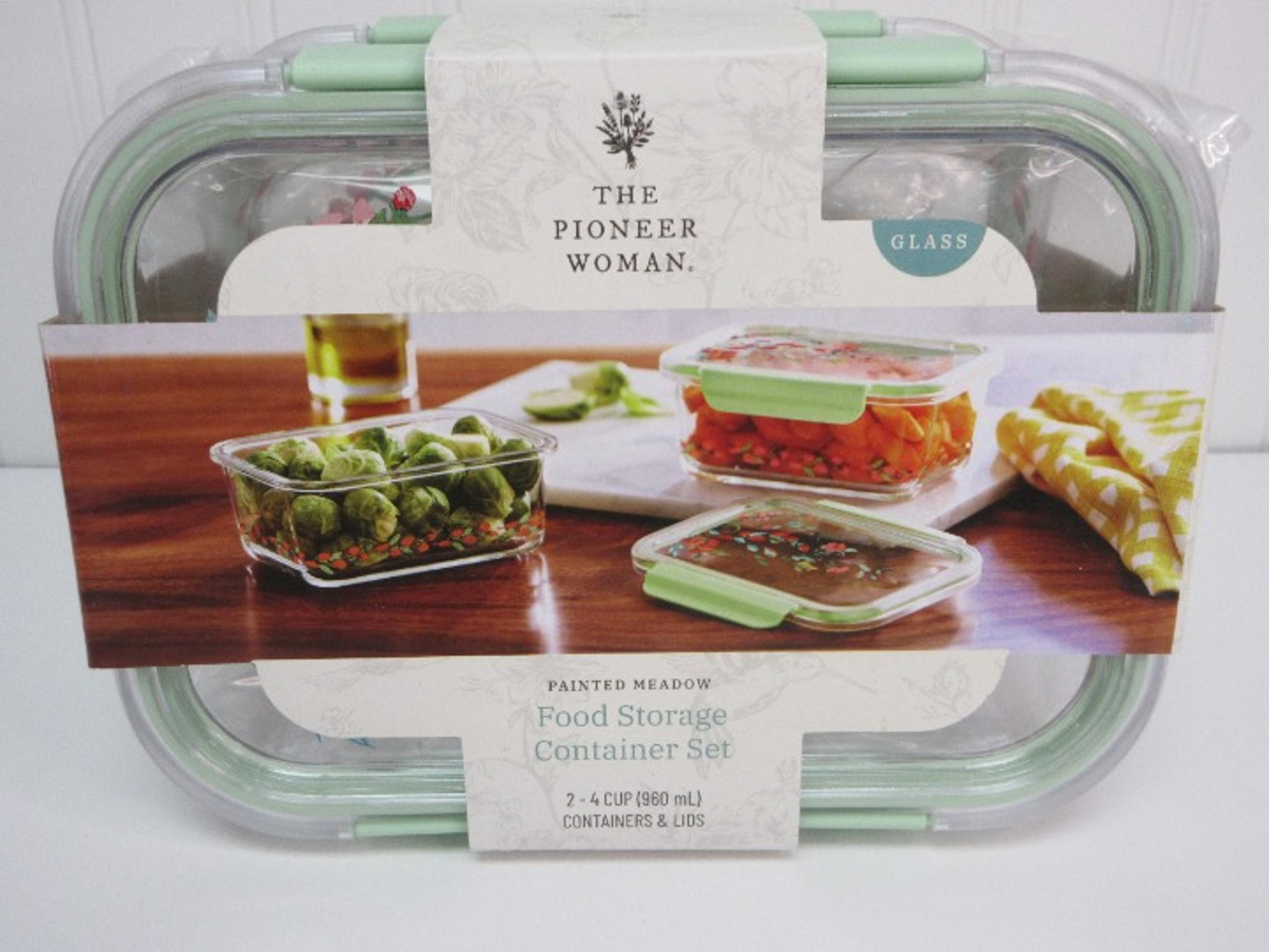 Pioneer Woman Painted Meadow Food Storage Containers Glass 4cup Set of 2 Green