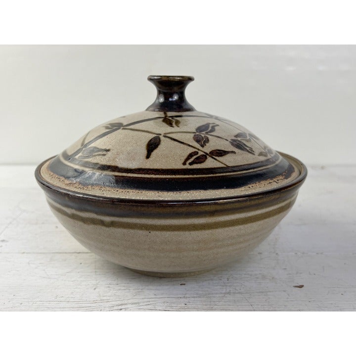 Studio Art Decorative Pottery Bowl With Lid, Hand Painted branch design