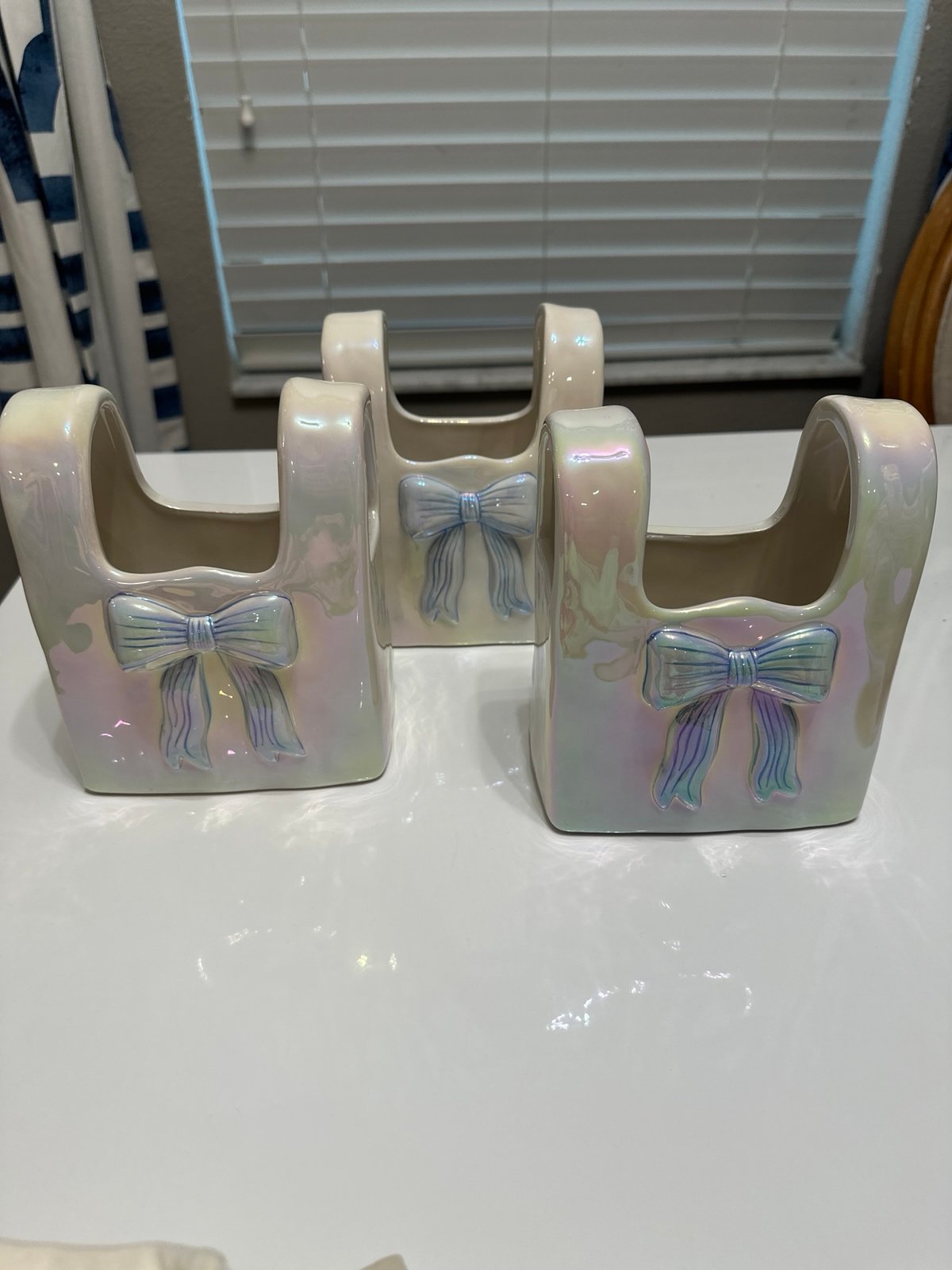 Target Bullseye’s Spring 2025 Iridescent Purse Vase With Blue Bow 6.5 H (NEW)