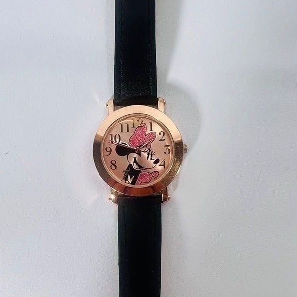 Disney Minnie Mouse Analog Watch Rose Gold / Pink Glitter / Black Band Adjustabl