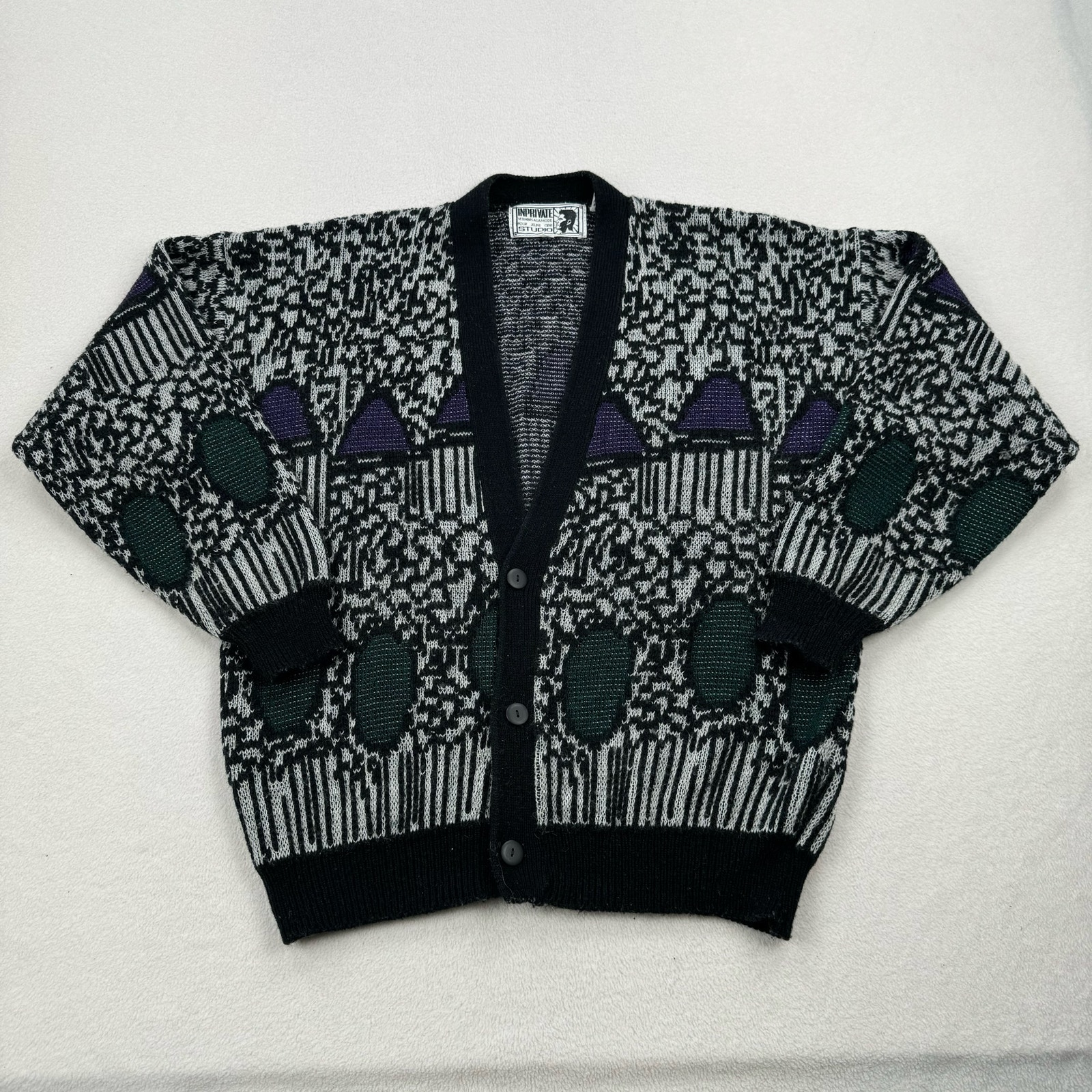 Vintage In Private Studio Sweater Sz XL Black White Patterned Button Up Cardigan