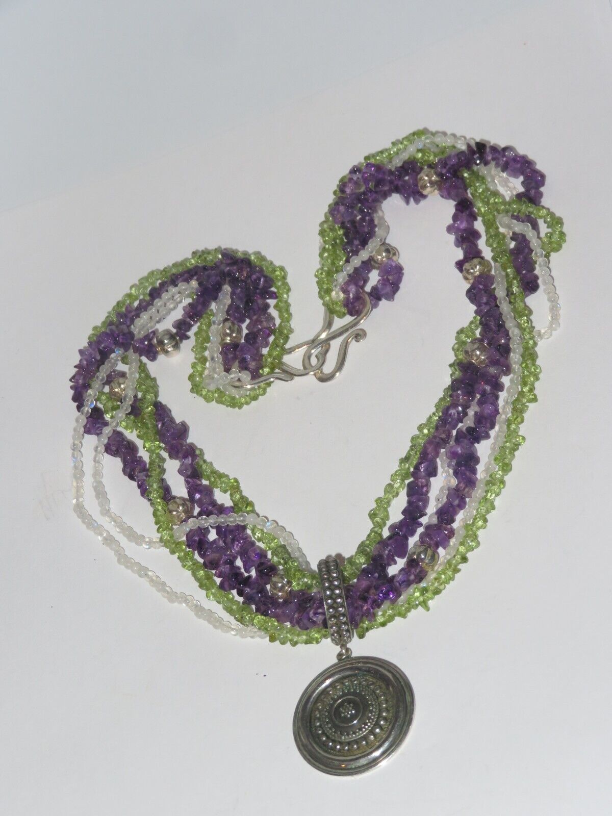 Sterling Silver Necklace Amethyst Peridot & More Bead Beaded (463P)
