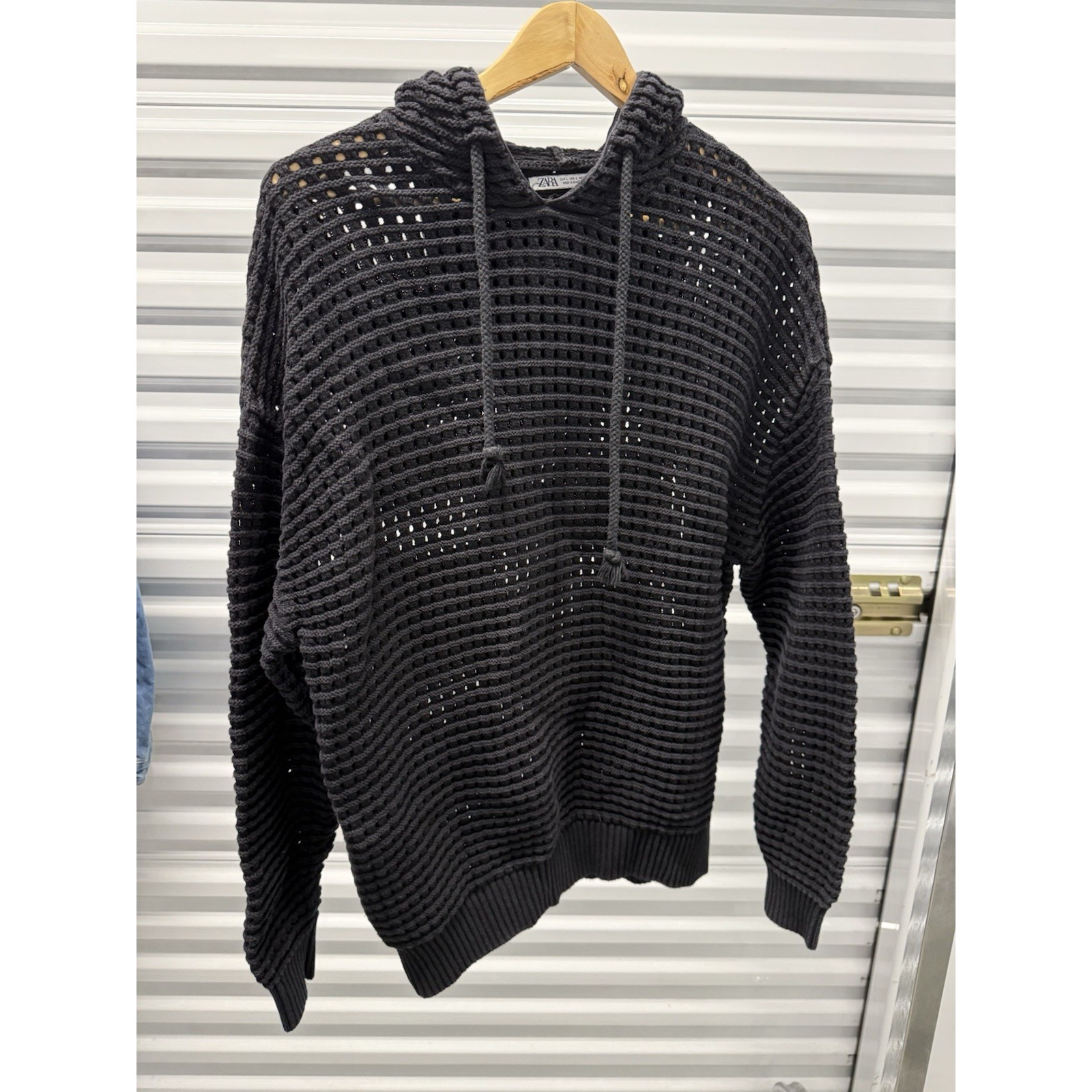 Zara Crochet Knit Cardigan Hoodie Sweaters Black Unisex Size L