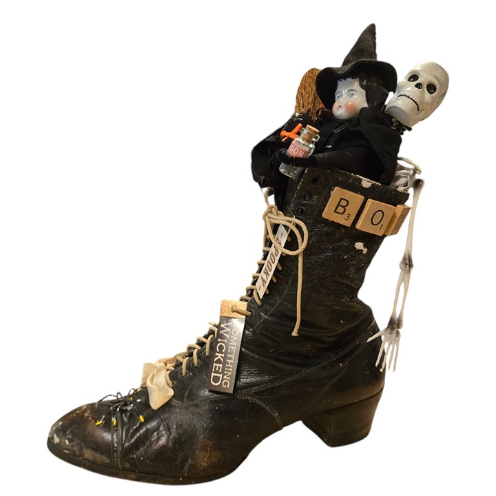 Witch Boot Assemblage Art Creepy Halloween Skeleton Black Cat Sculpture