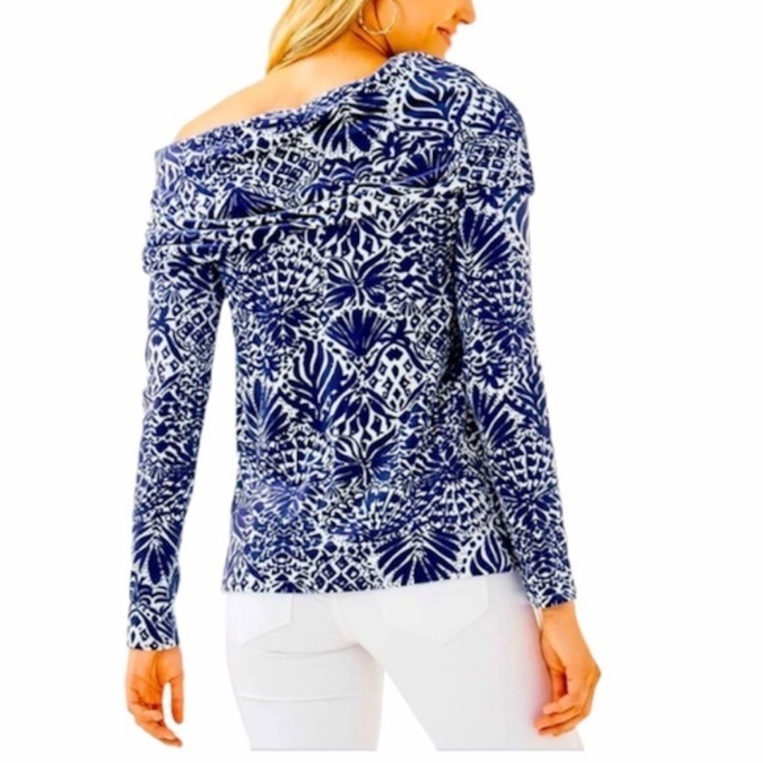 Lilly Pulitzer Belinda Pullover navy blue and white By Land or By Sea print