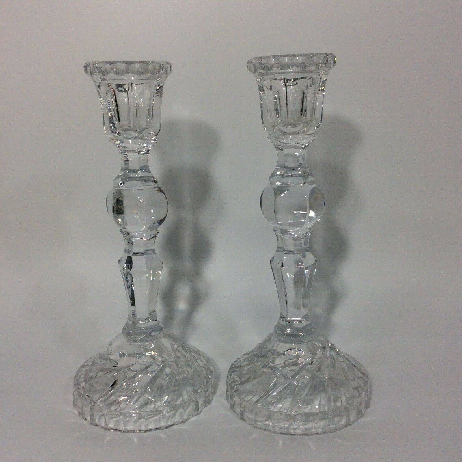 Pair Of Vintage Leaded Crystal Glass Candlesticks 10” Pinwheel Base Design