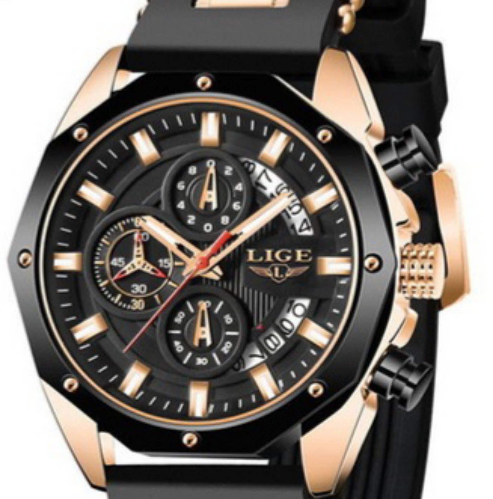 LIGE Mens Black and Gold Watch