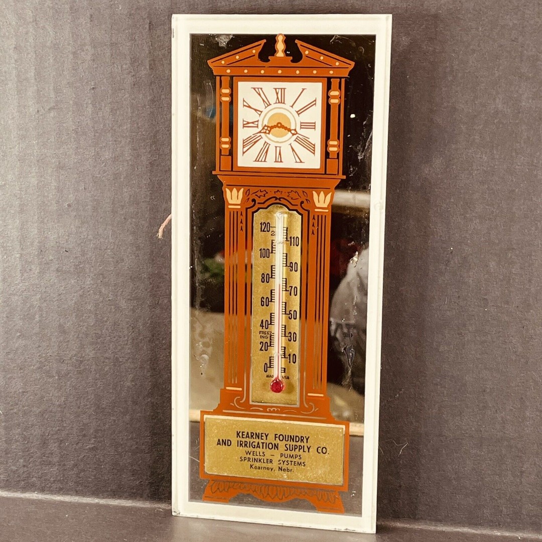 Advertising Thermometer Sign Grandfather Clock Mirror Kearney NE Foundry VTG 8in