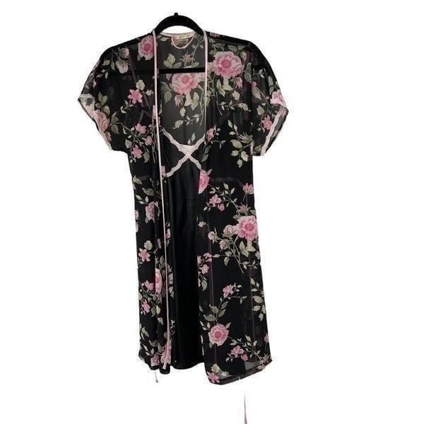 Vintage California Dynasty Pink Black Floral Camisole & Robe Set