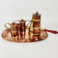 Vintage Copper & Brass Hecho en Mexico Coffee Pot, Tray, Sugar & Creamer Set