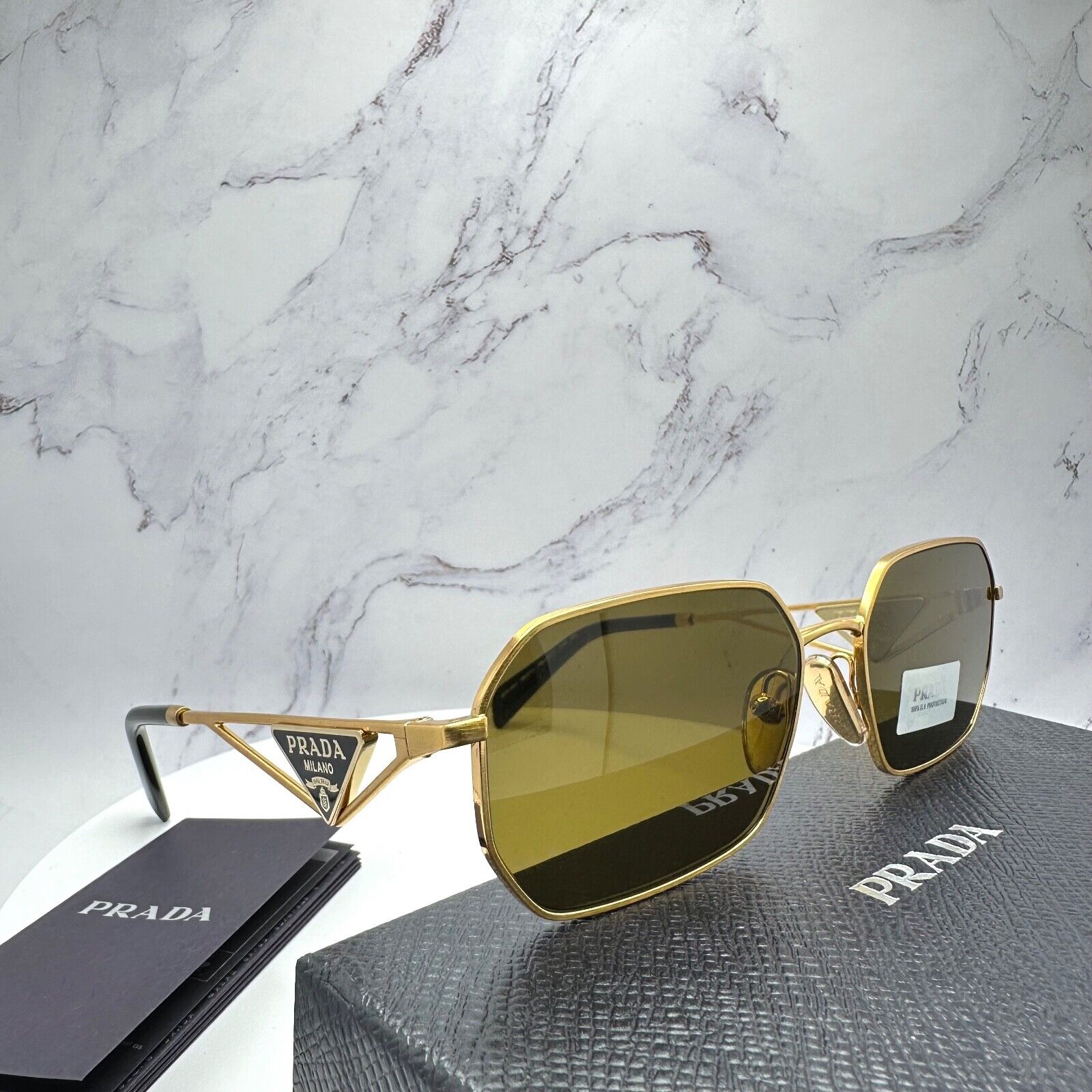 New Prada Sunglasses Matte Gold Metal Square Black Plaque Triangle Logo