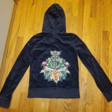 Vintage Y2k/2000's Juicy Couture Navy Blue Rhinestone Flamingo Tropical Hoodie