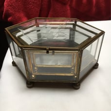 Set of 3 brass, etched glass and mirrored hinged boxes