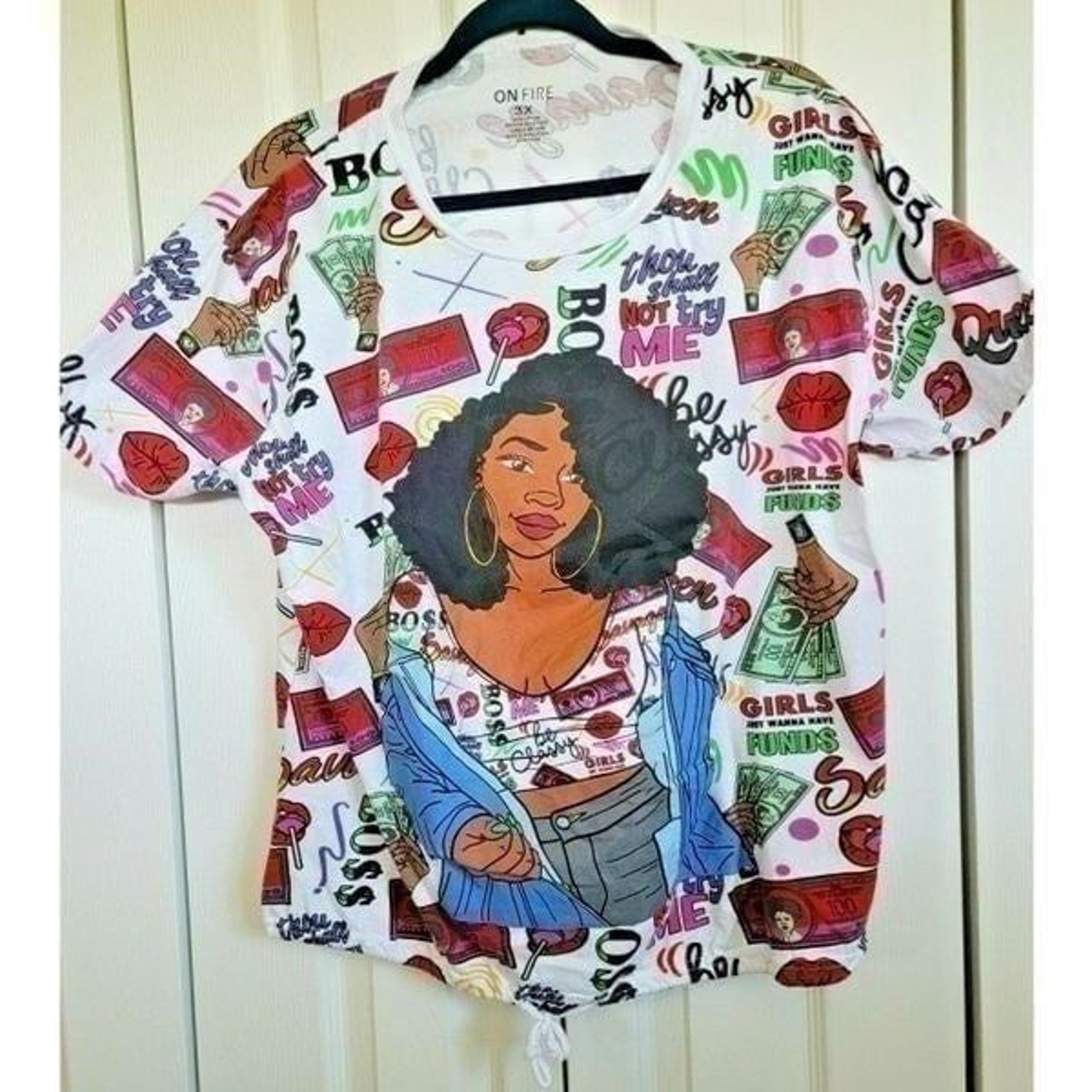 On Fire 3X Women's Plus Tie Hem Vintage Shirt CD4 Multi Size 3X Money Queen