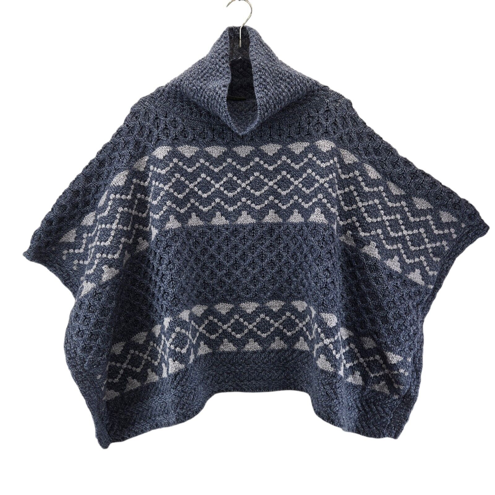 Carraig Donn Poncho Sweater Irish Knit 100% Merino Wool Chunky Mock Neck Blue