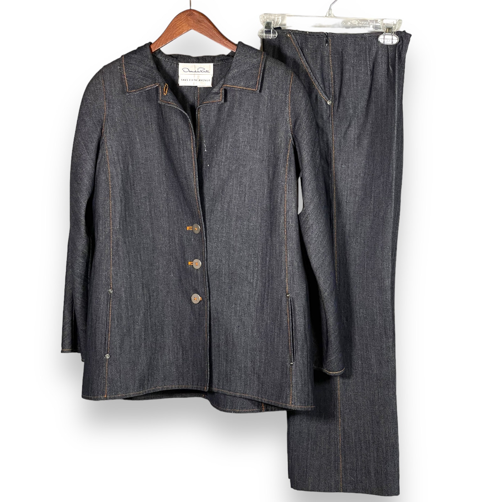 NEW Oscar De La Renta Saks Denim Wool Blend Pants Suit Jacket Jeans 1900 8/10