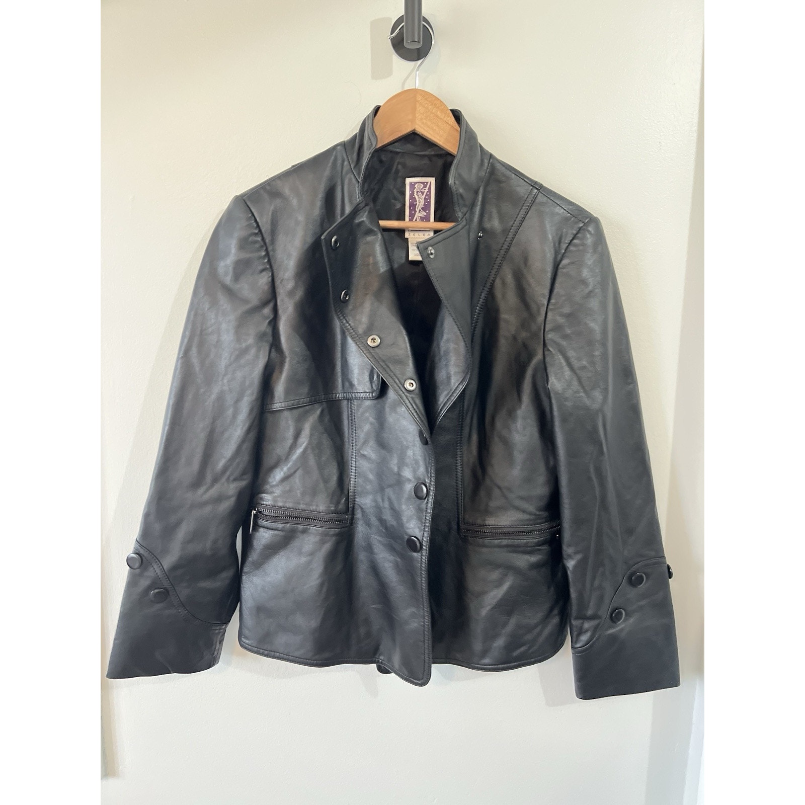 Zelda Lamb Leather Snap Close Black Jacket Coat size 10