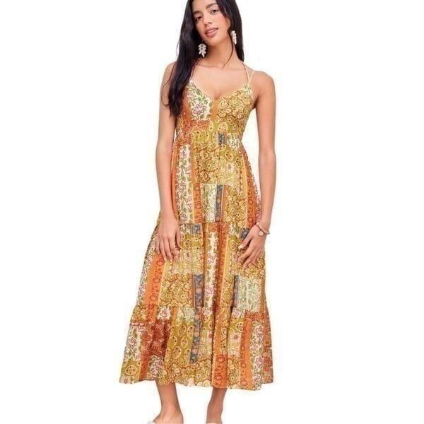 NWT Cider Woven V-Neck Halter Floral Patch Maxi Dress Sz 6