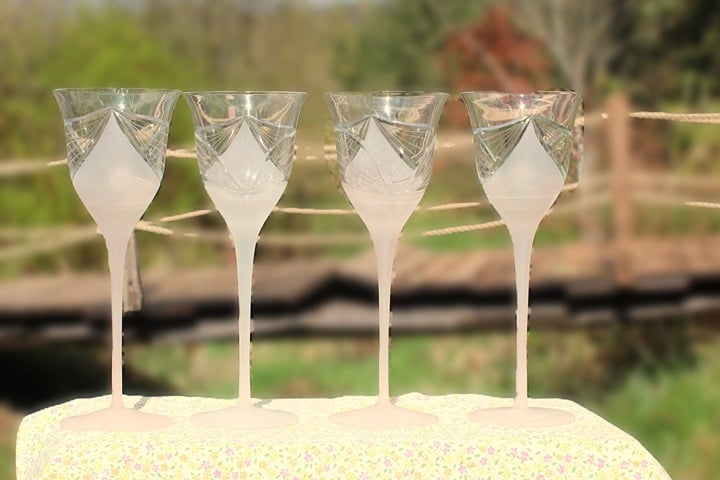 Vtg. (5) Melinda long stem pink frosted Roman Cut wine glasses Lot of 5