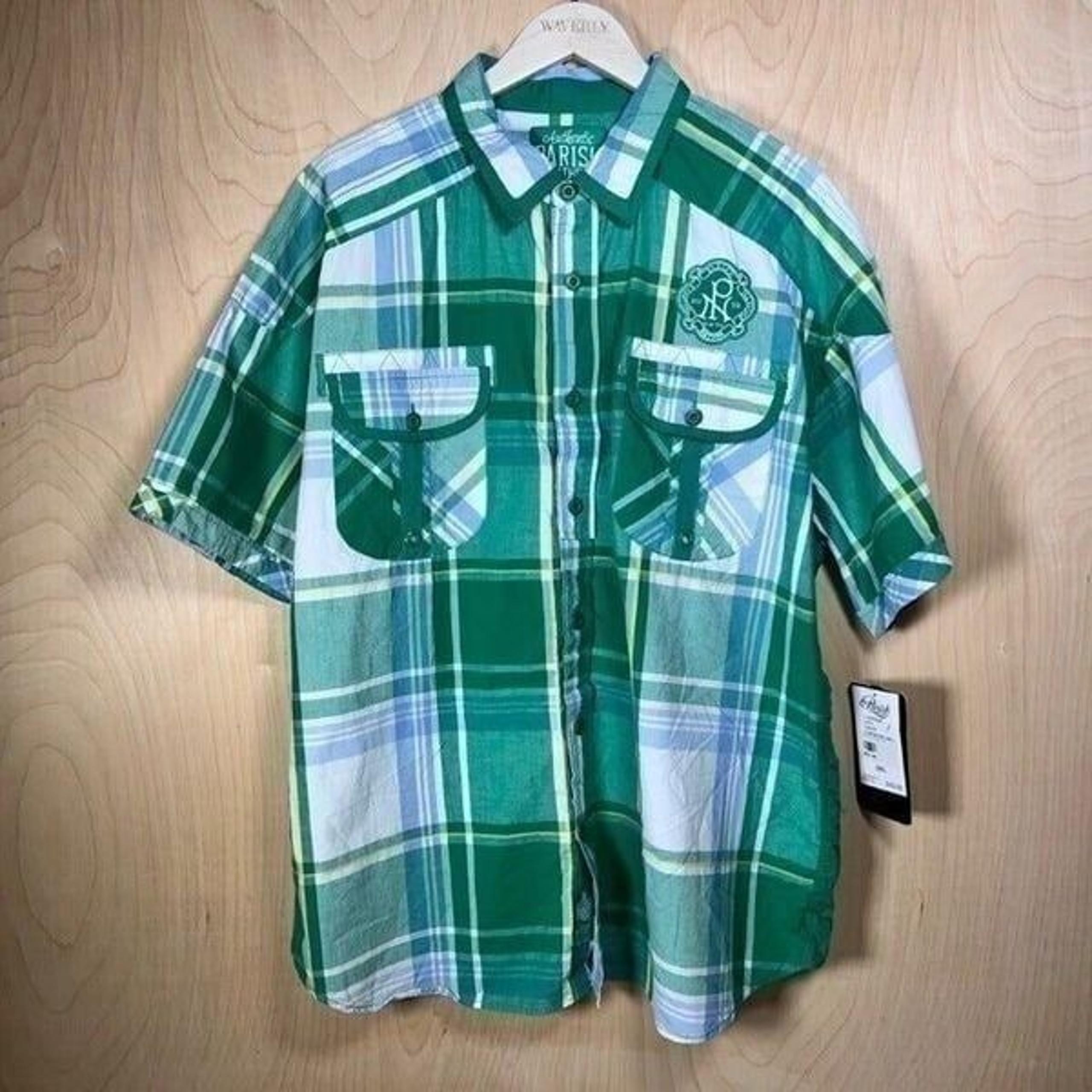 Parish Nation Green / Blue / White Plaid SS Button Down Men's 3XL (XXXL)