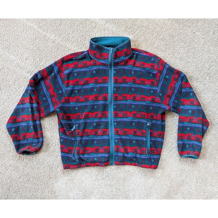 Vintage LL Bean Fleece Jacket Fits Womens Large Aztec Pattern Blue Red Green 90s