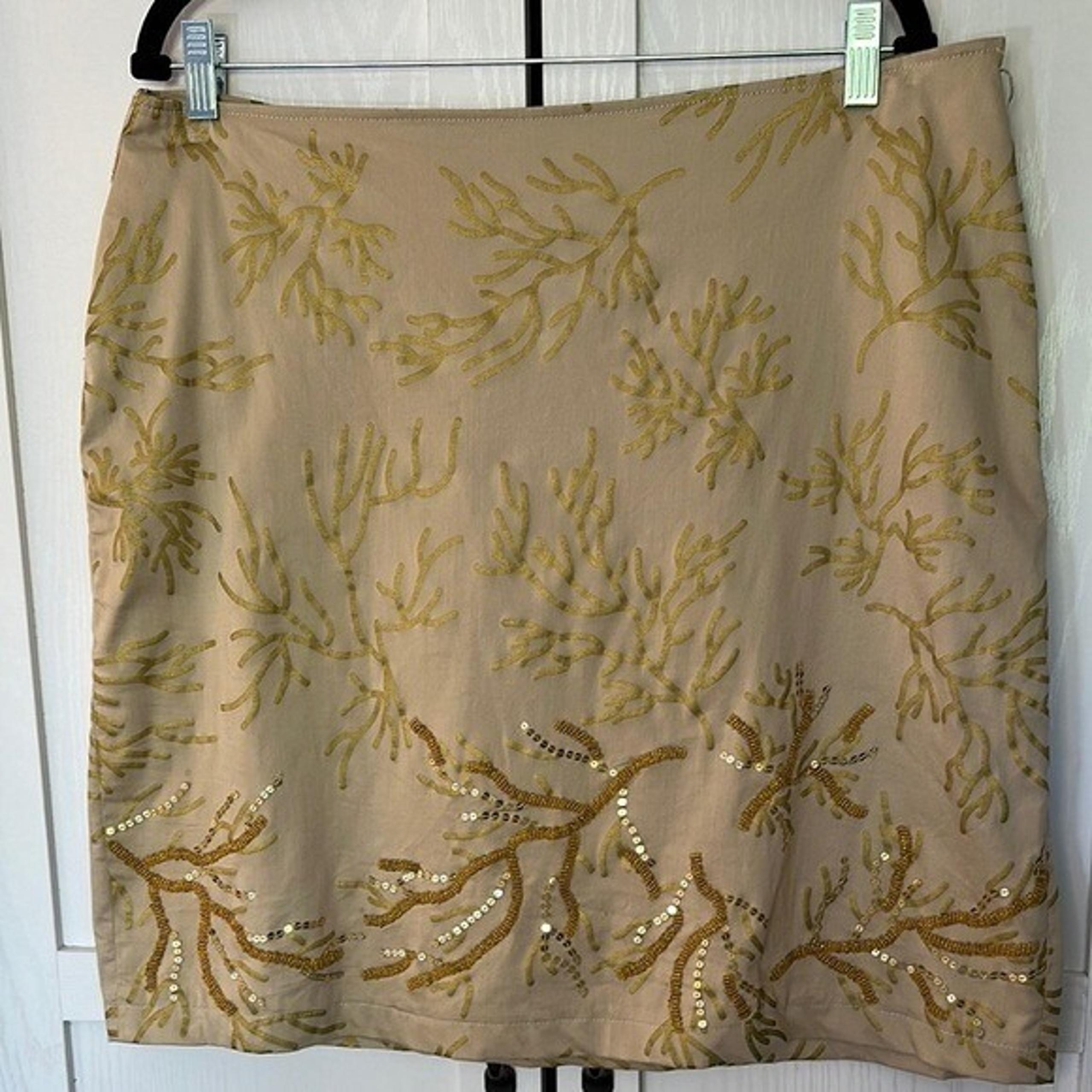 Vintage Haven Bleu Tan Skirt with Gold Coral Branches w/ Gold Sequins and Beads