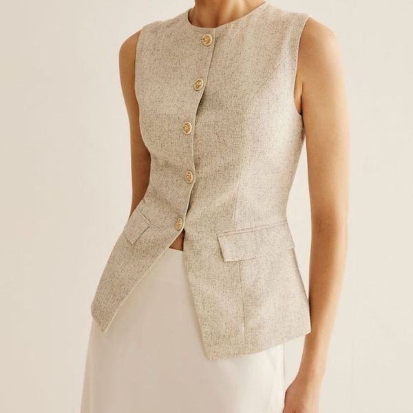 Commense Split Vest Breasted Piping Tweed Beige SZ XL NEW