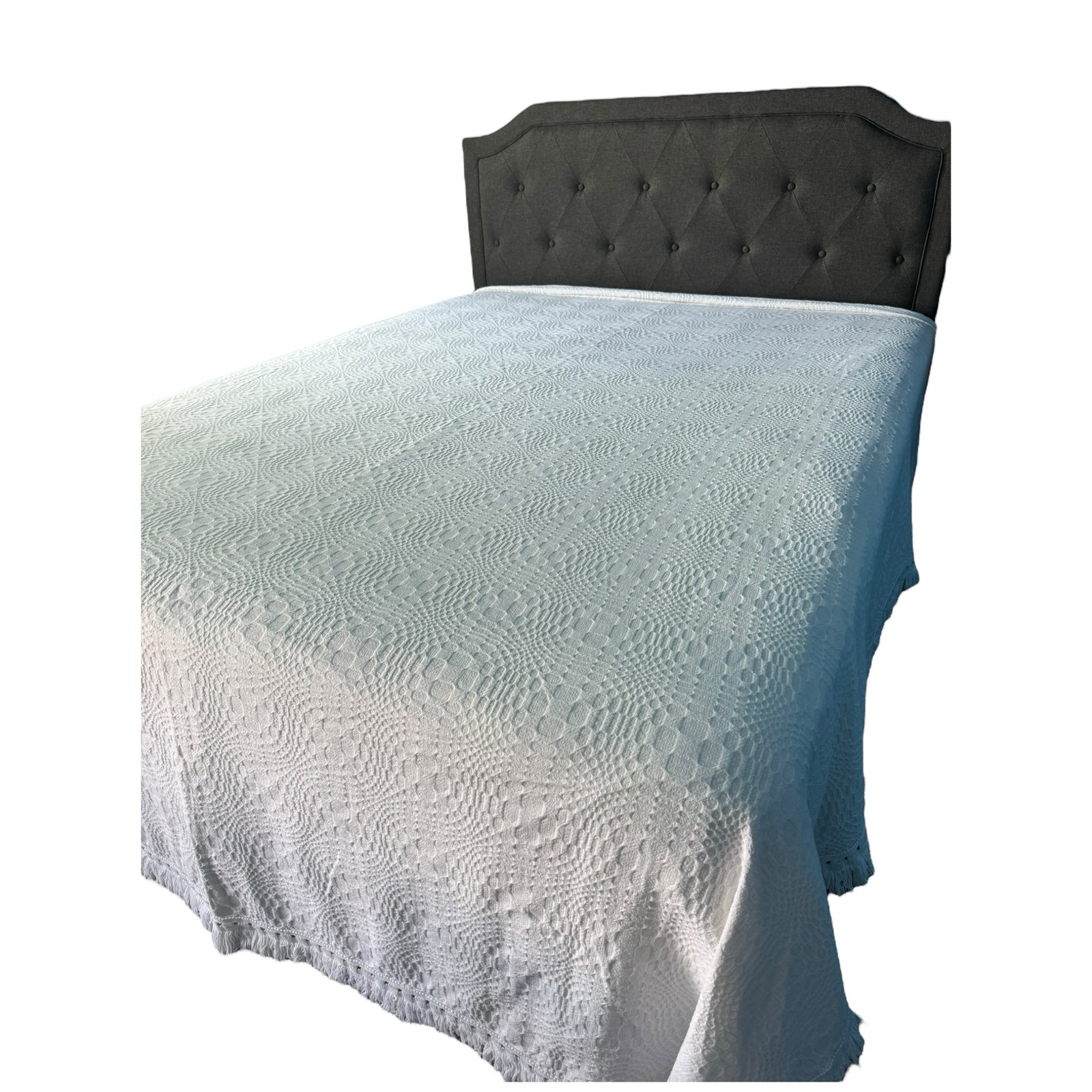 Vintage 1960's Morgan Jones White Fringed Bedspread made in USA size Full