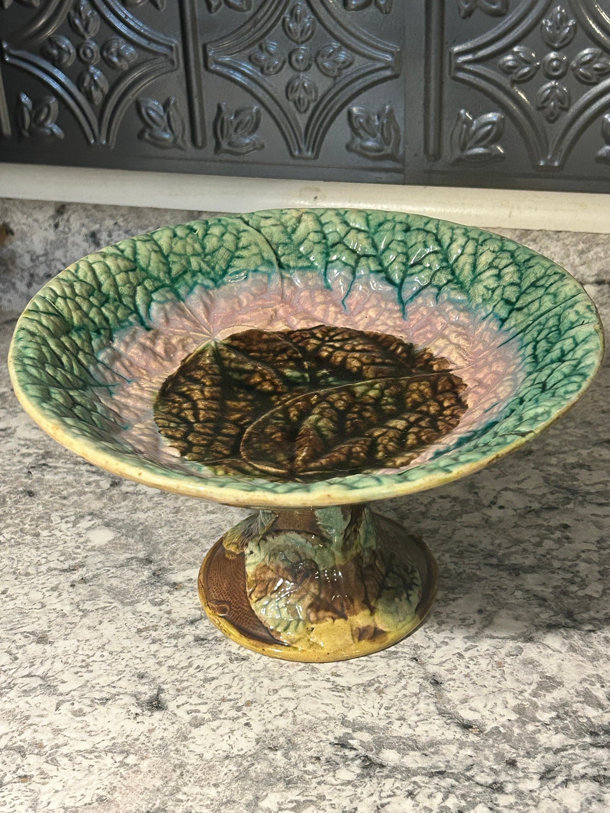 Antique Majolica English Begonia Leaf Compote Bowl Serving pedestal Dish Holiday
