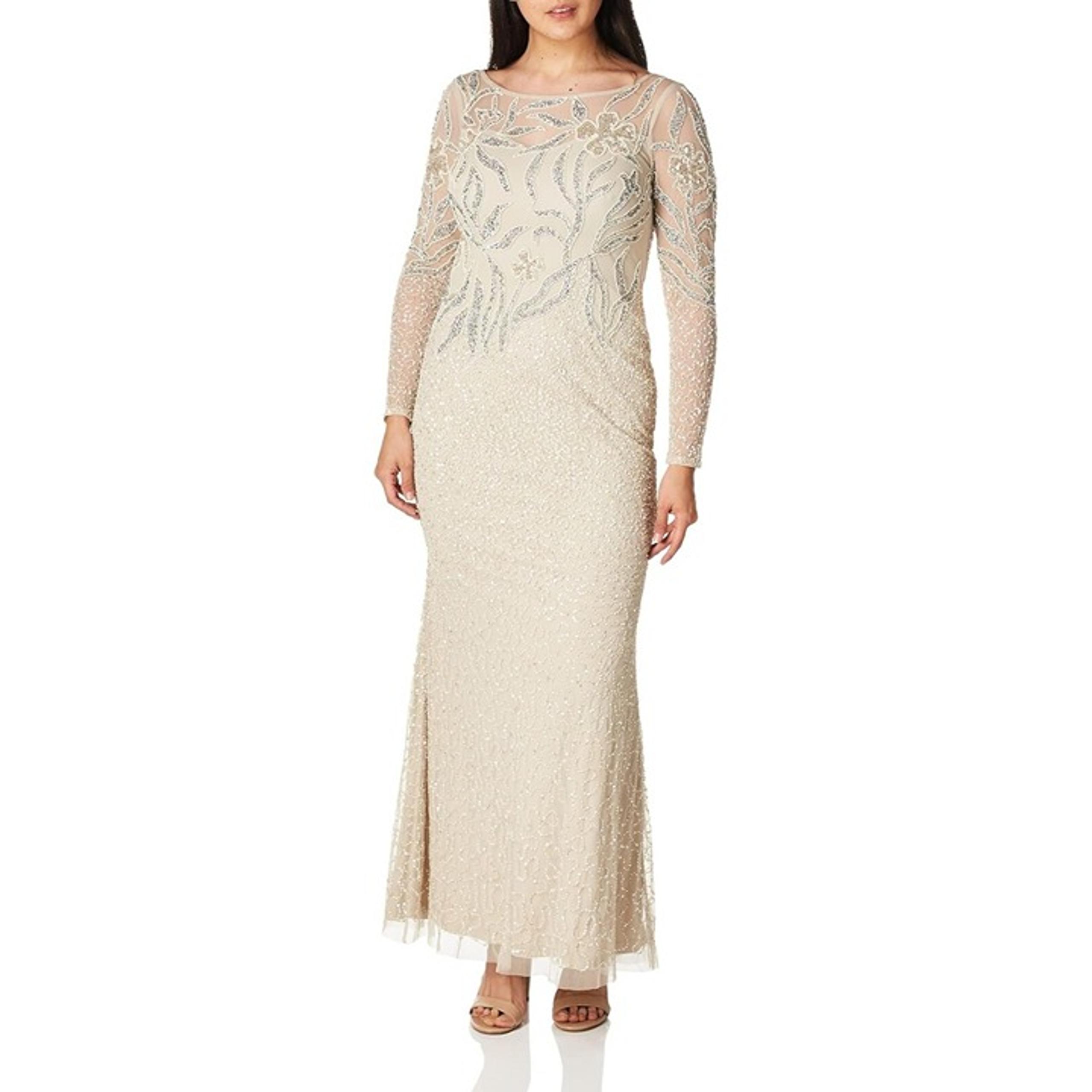 Adrianna Papell Womens Tan Beaded  Evening Dress Gown Long Sleeve Biscotti Sz 12