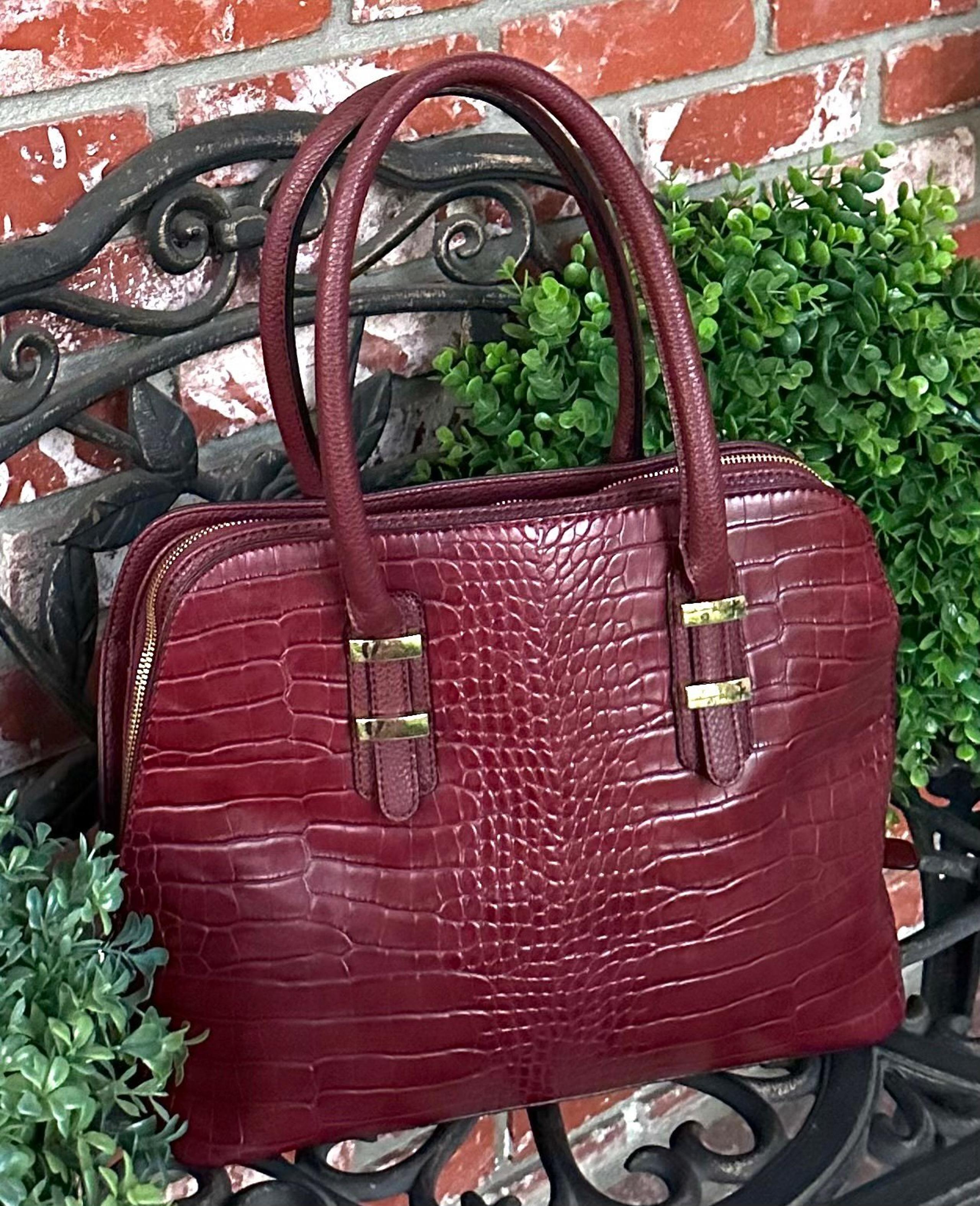 Charming Charlie Tote Bag; Burgundy Alligator Faux Leather W/Tan Multi Interiors