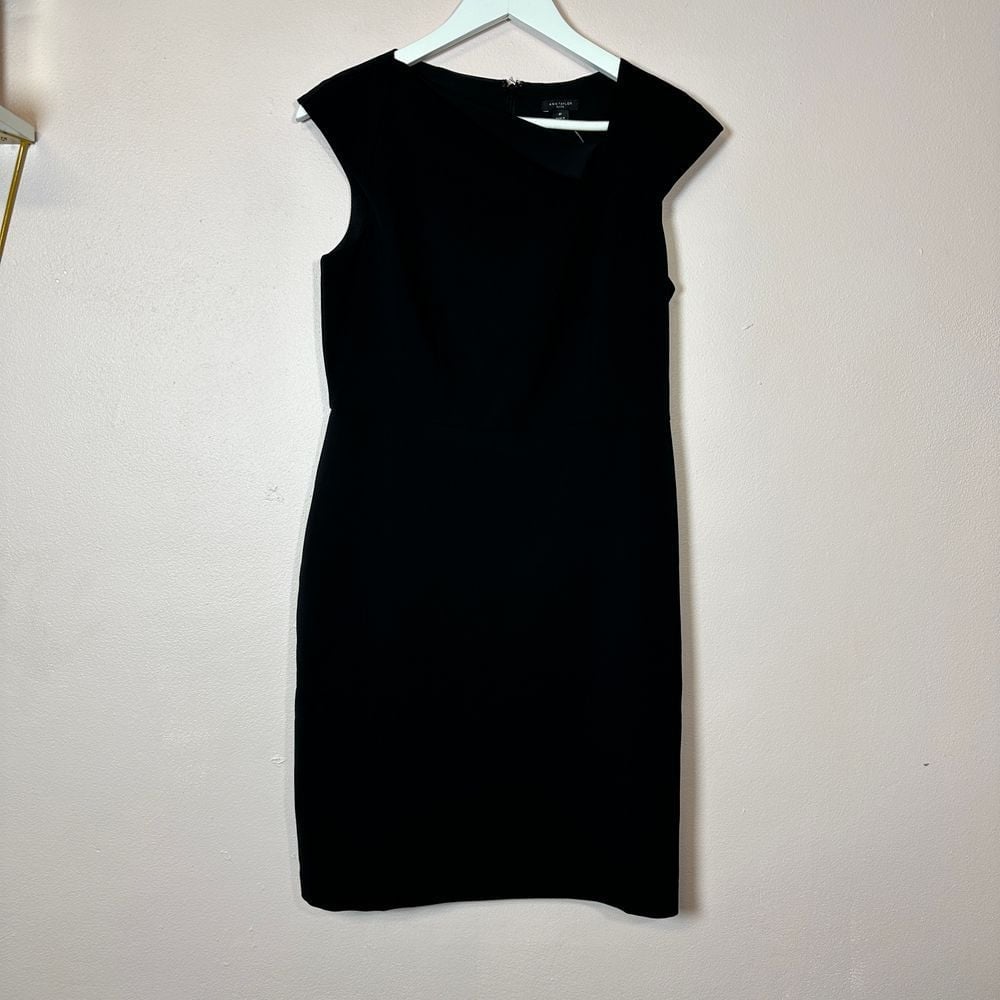 Ann Taylor Navy Asymmetrical Neckline Sheath Dress, Size 8P Petite