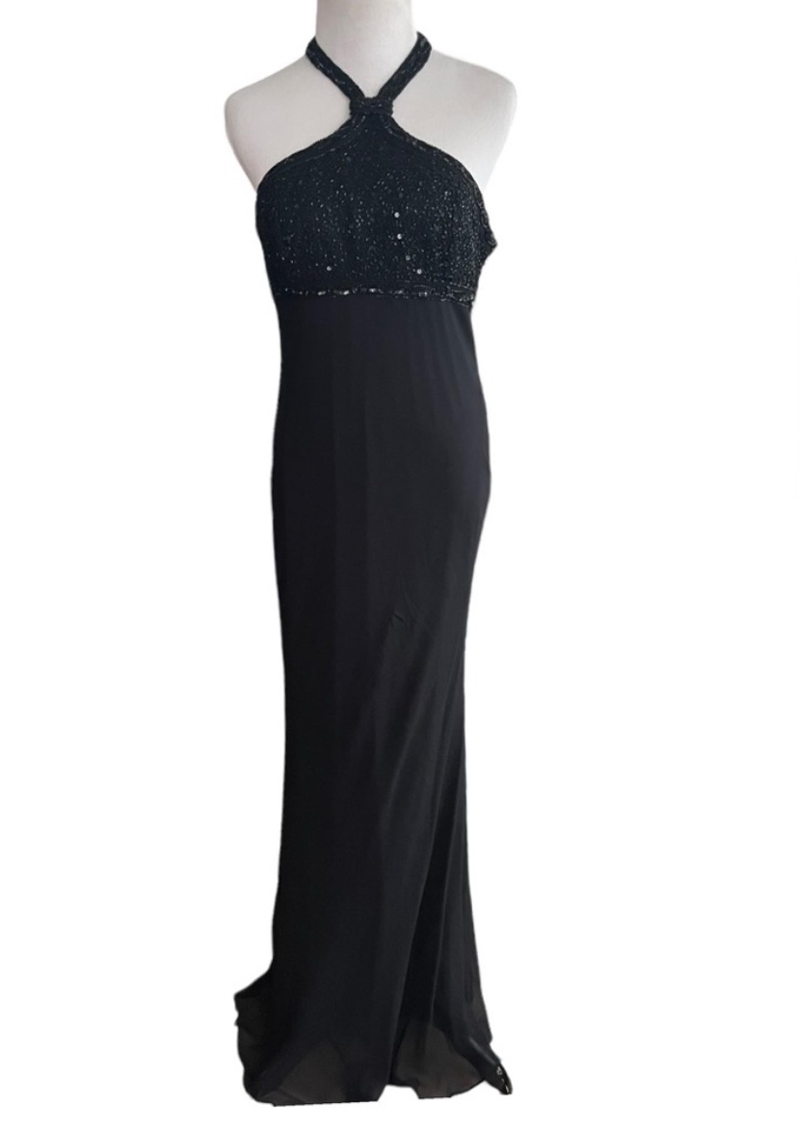 Vintage Y2K Cache Black Beaded Halter Dress Mermaid Train Bottom Gown Size 8