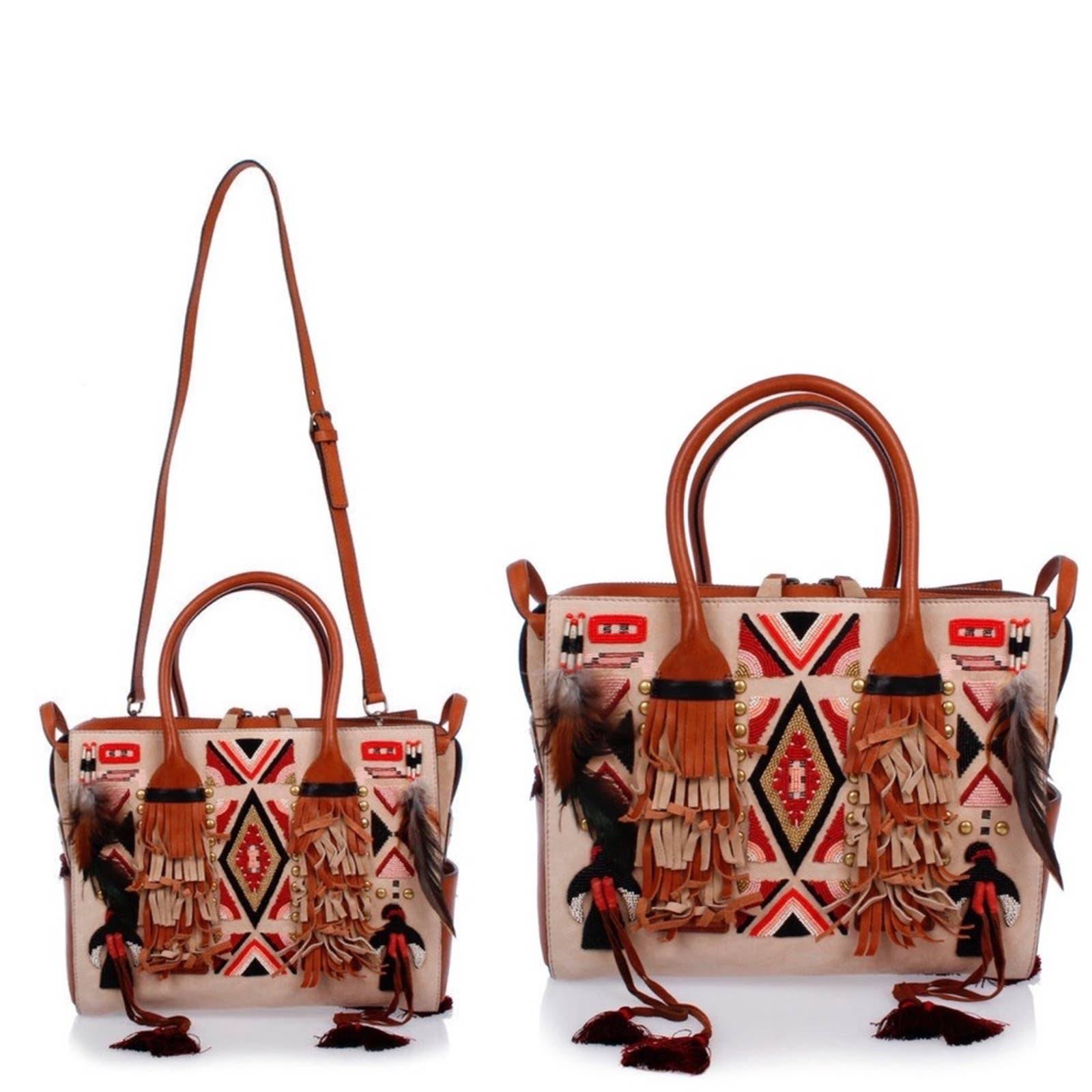 DSQUARED2 | Boho Fringe Feather Embroidered Leather Suede Tote Shoulder Bag