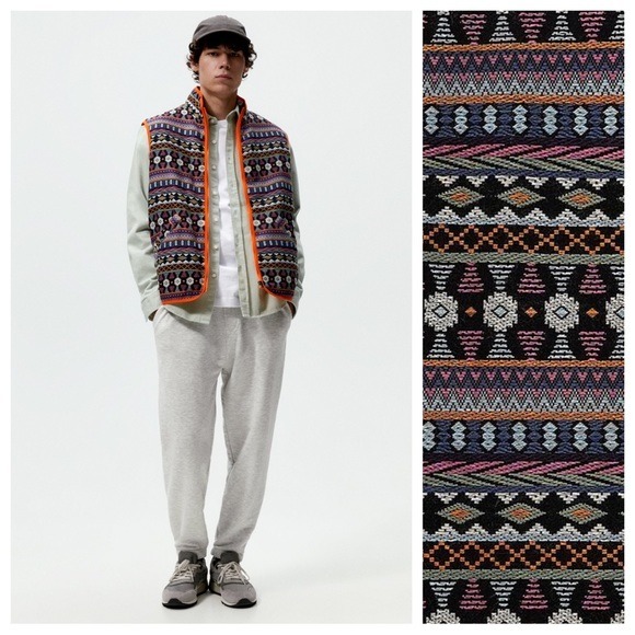 NWT. Zara Man Black/Orange Geometric Pattern Jacquard Vest. Size S.