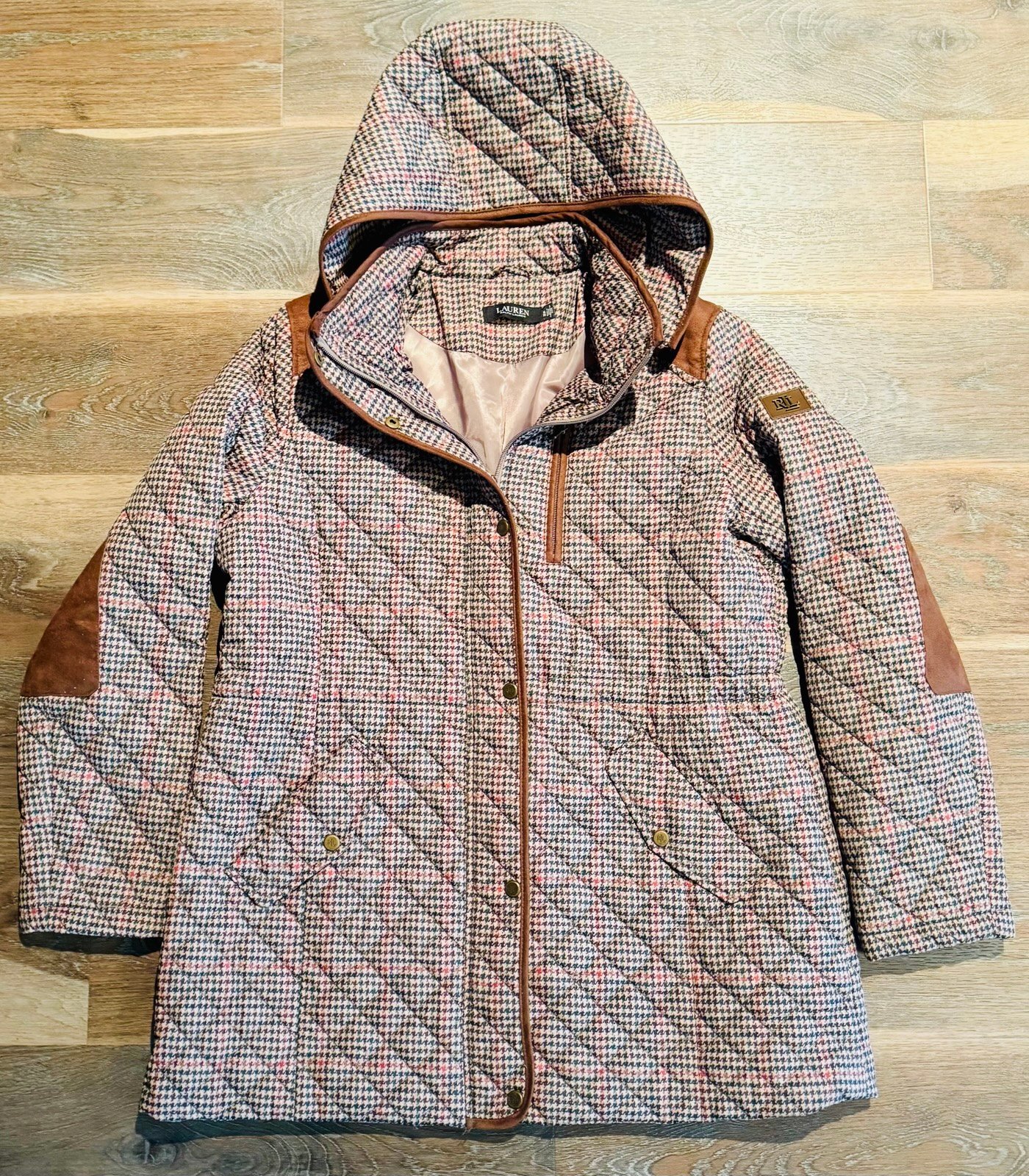 LAUREN RALPH LAUREN Quilted Hooded Coat Puffer Jacket Houndstooth Womens XL