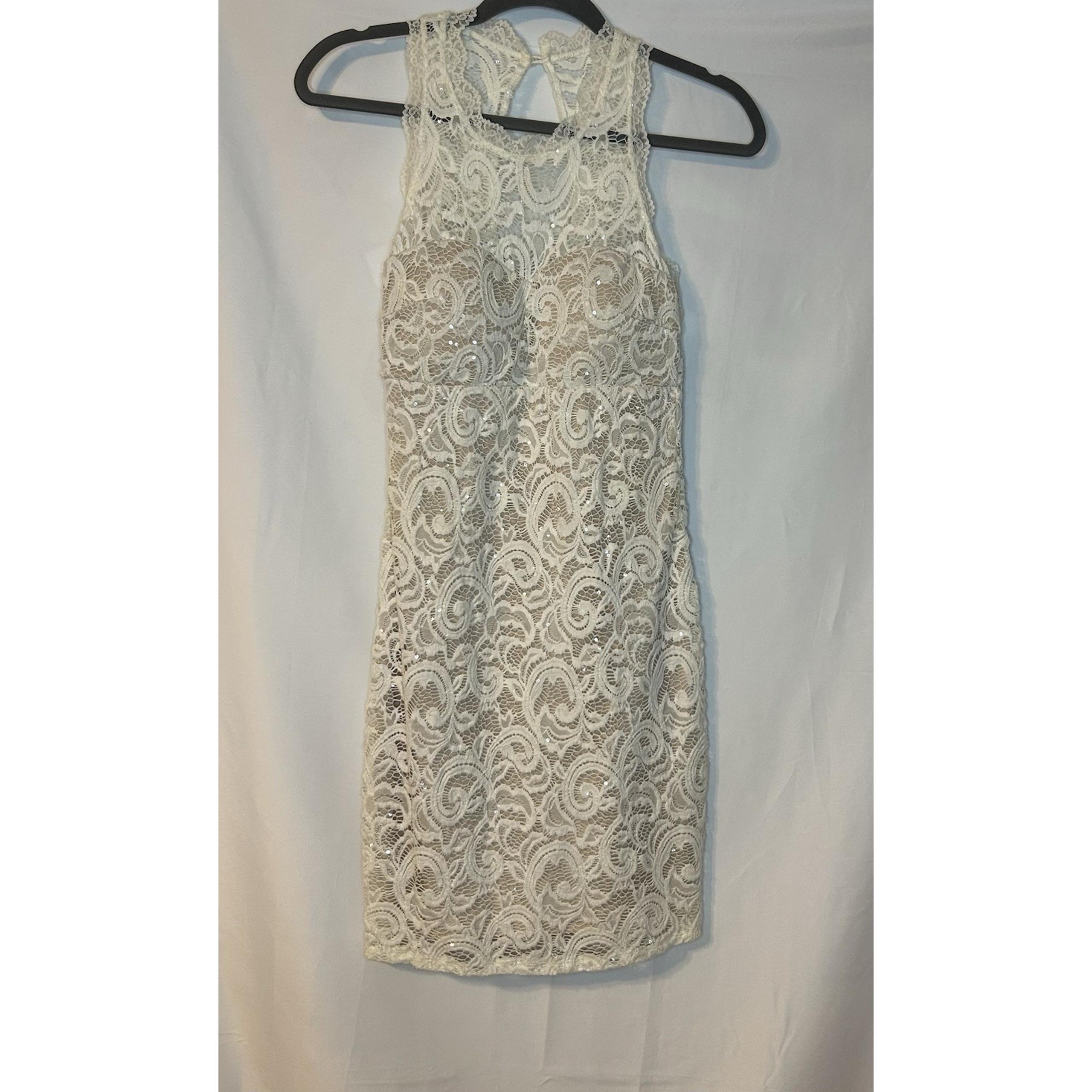 Sequin Hearts Cream Lace Sequin Homecoming Wedding Mini Dress Size 5 Stretchy