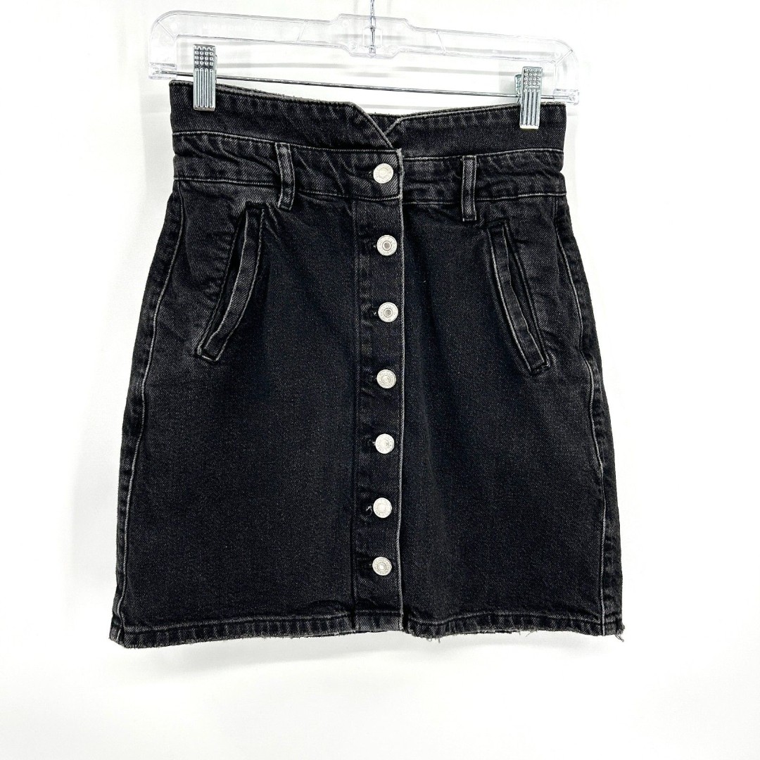 ANTHROPOLOGIE Pilcro Black Button Up 100% Cotton Mini Denim Jean Skirt Size 0